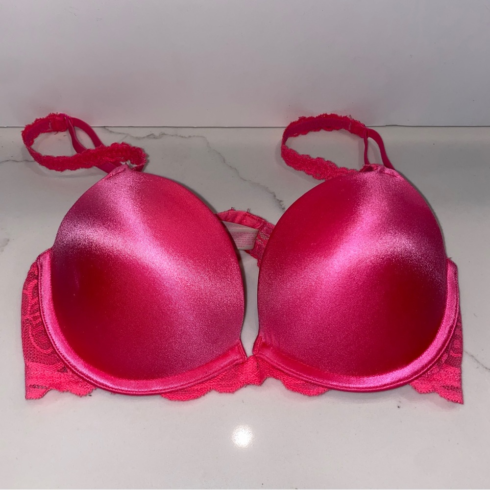 PINK Victoria's Secret Salmon Flamingo Coral Pink Satin Lace Push-up Bra 32C